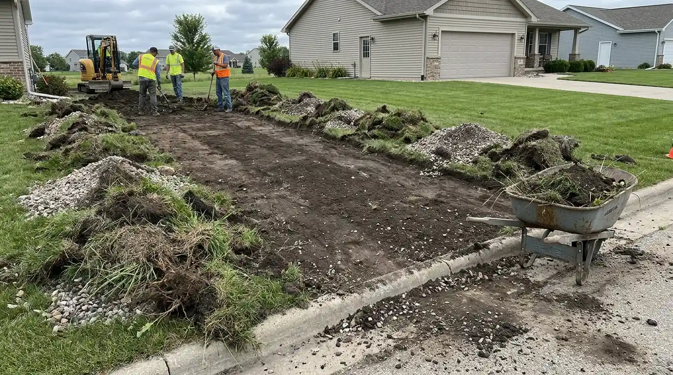 workers clearing grass roots debris and old gravel before asphalt driveway installation starts