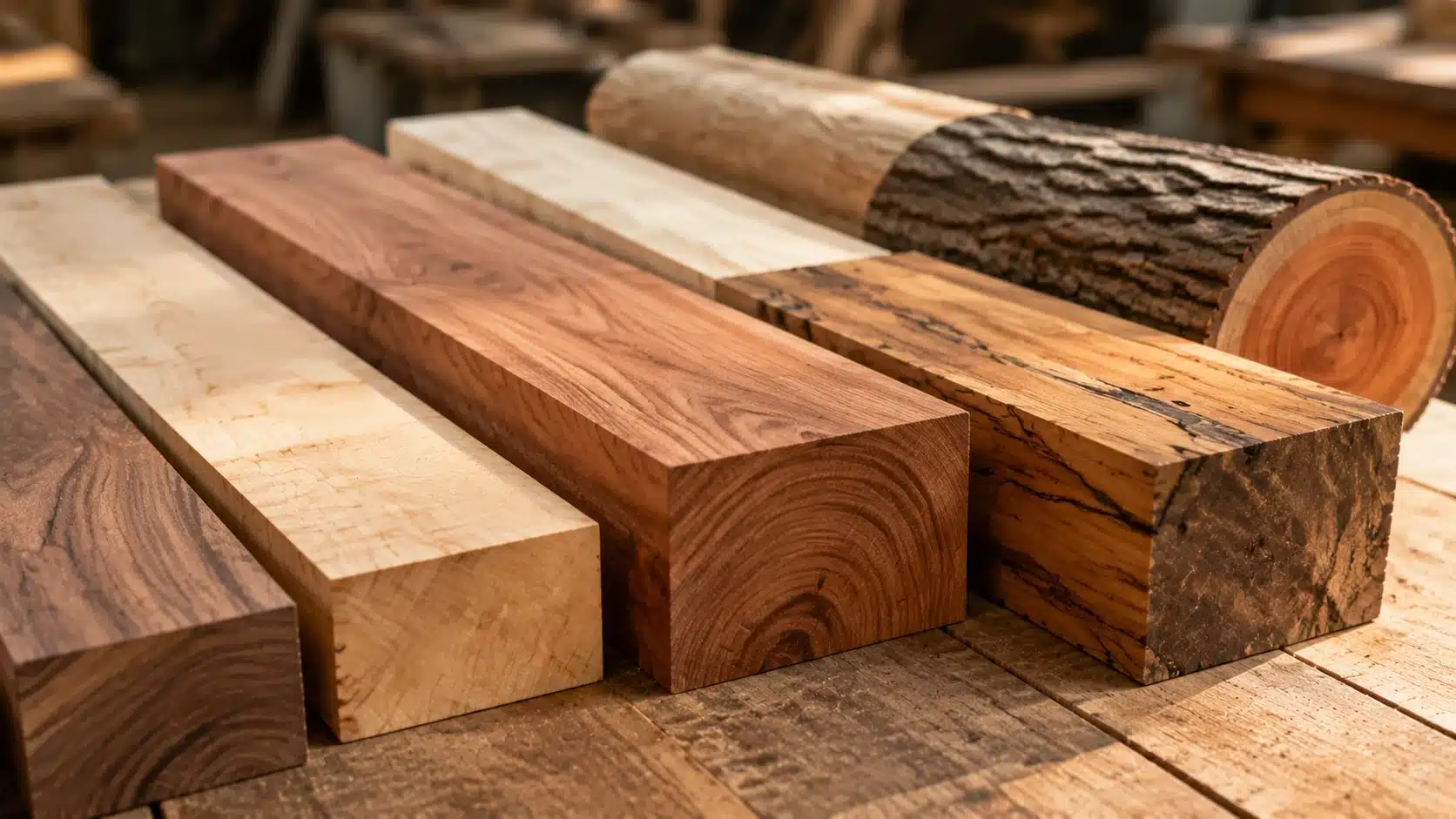 hardwood boards and logs arranged on a workbench, showing varied wood grain, color, texture, and strength options