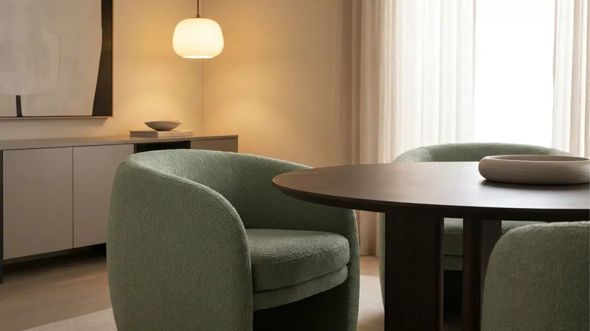 curved wraparound dining chair in modern dining room with sculptural upholstered contemporary design