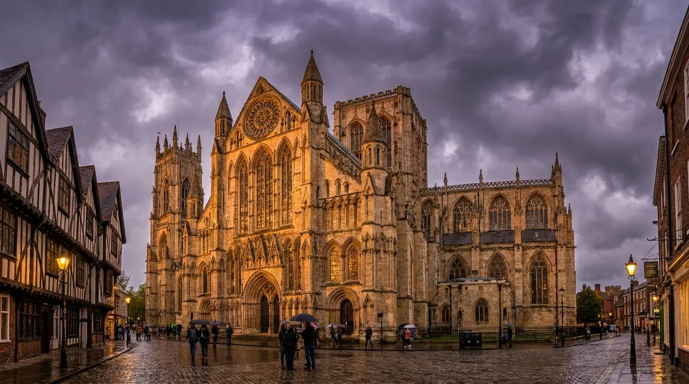 york minster gothic facade with tall towers large windows and stone tracery