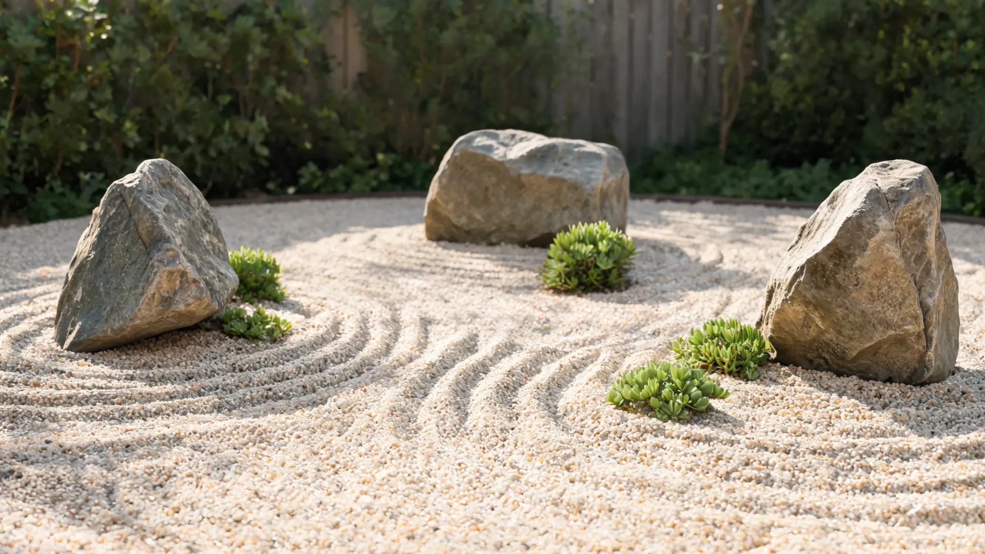 zen gravel garden with raked patterns, large stones, and minimal plants in a calm layout