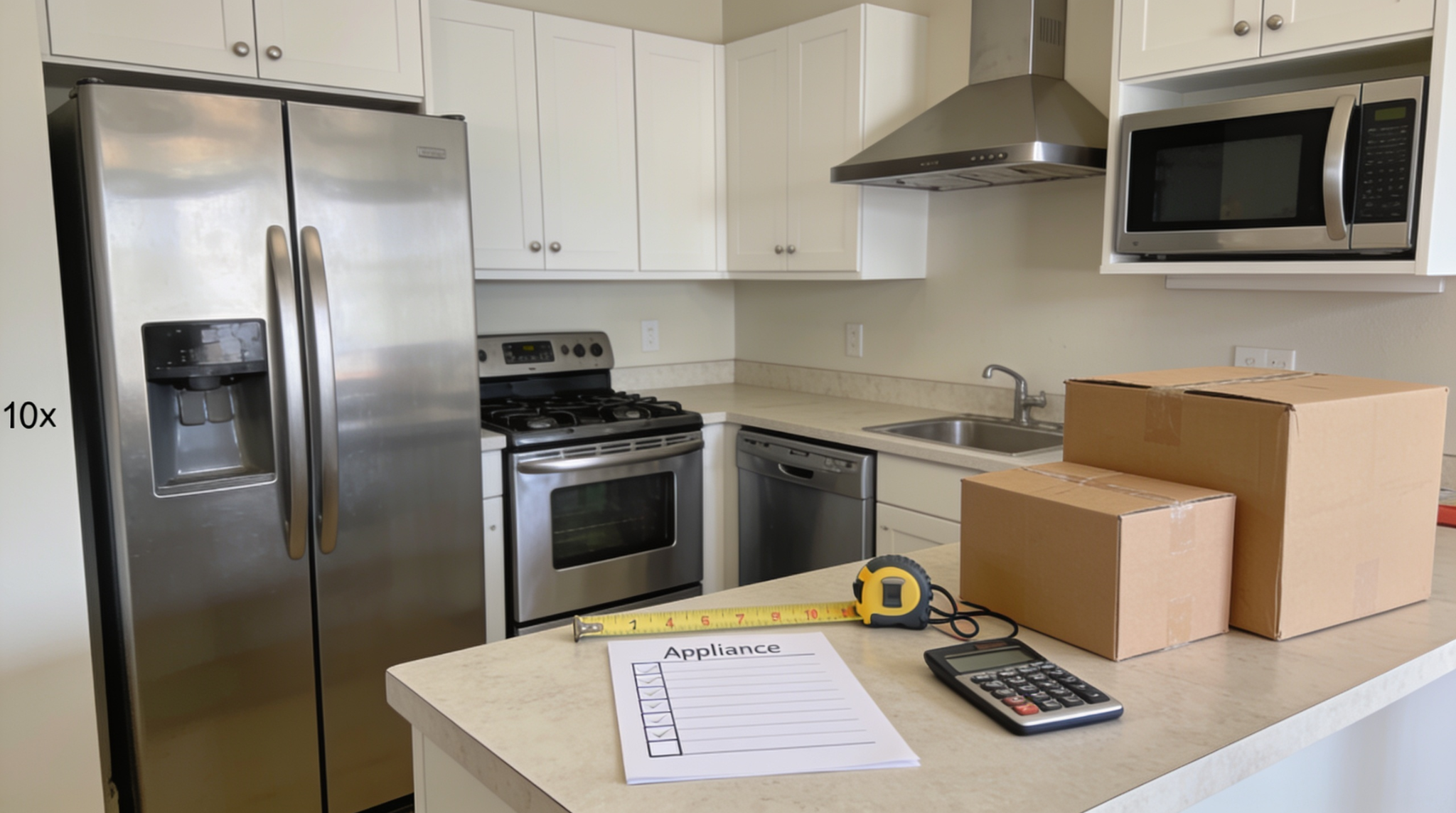 10x10 kitchen appliances, refrigerator range dishwasher and microwave planned for a remodel budget