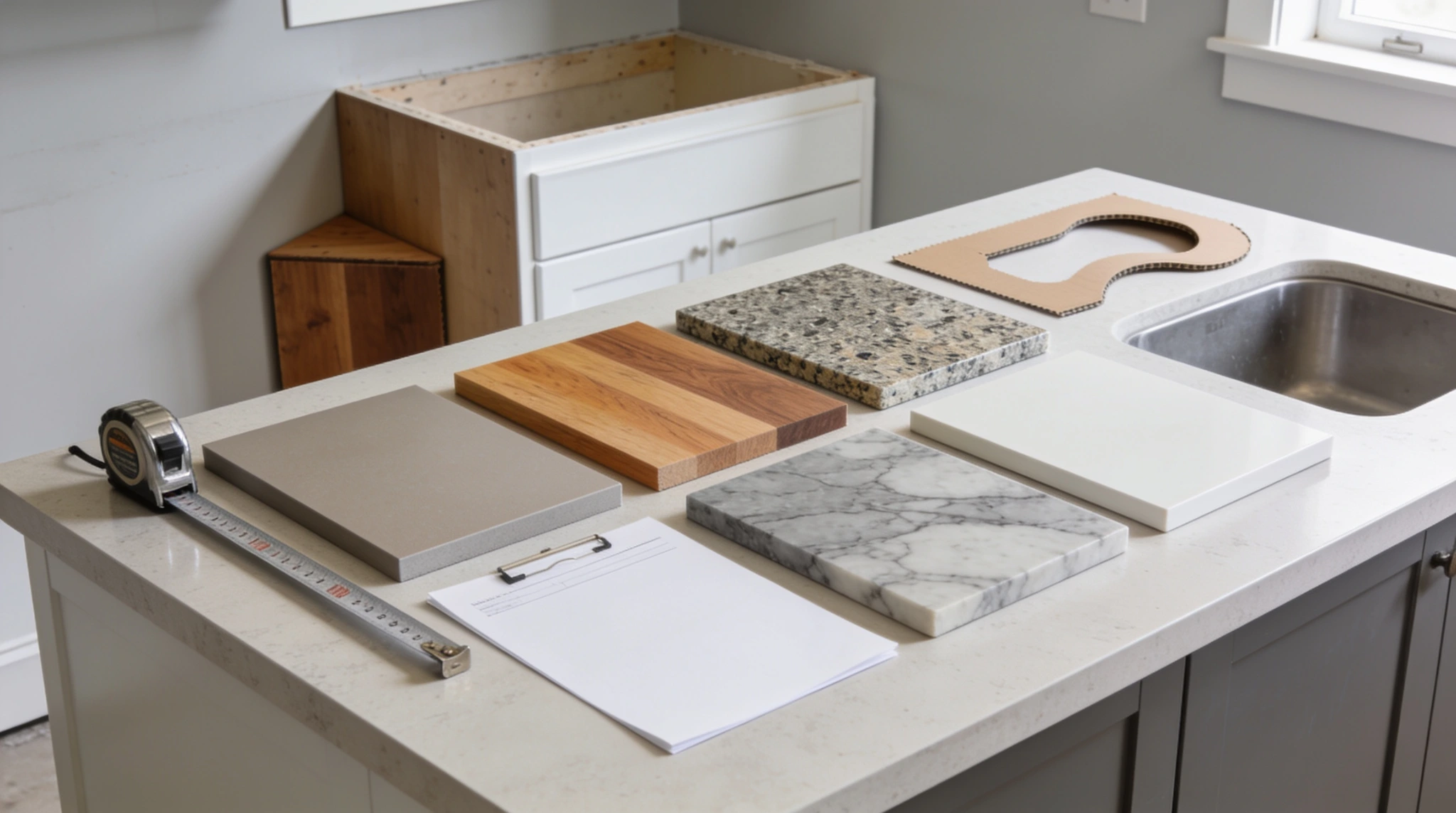 10x10 kitchen countertops, stone wood and laminate samples arranged beside a small kitchen layout