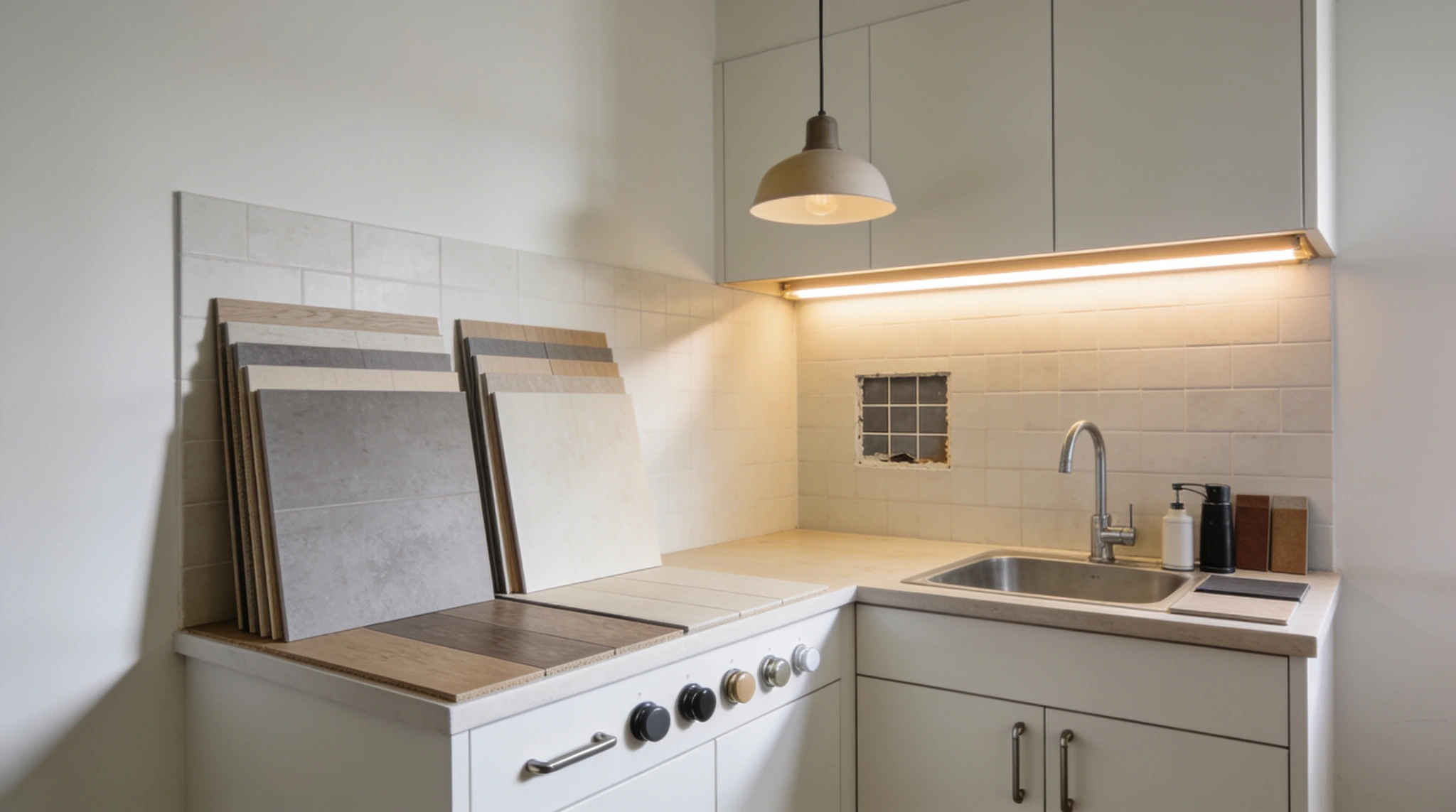 10x10 kitchen remodel finishes, flooring backsplash lighting sink and faucet samples in one scene