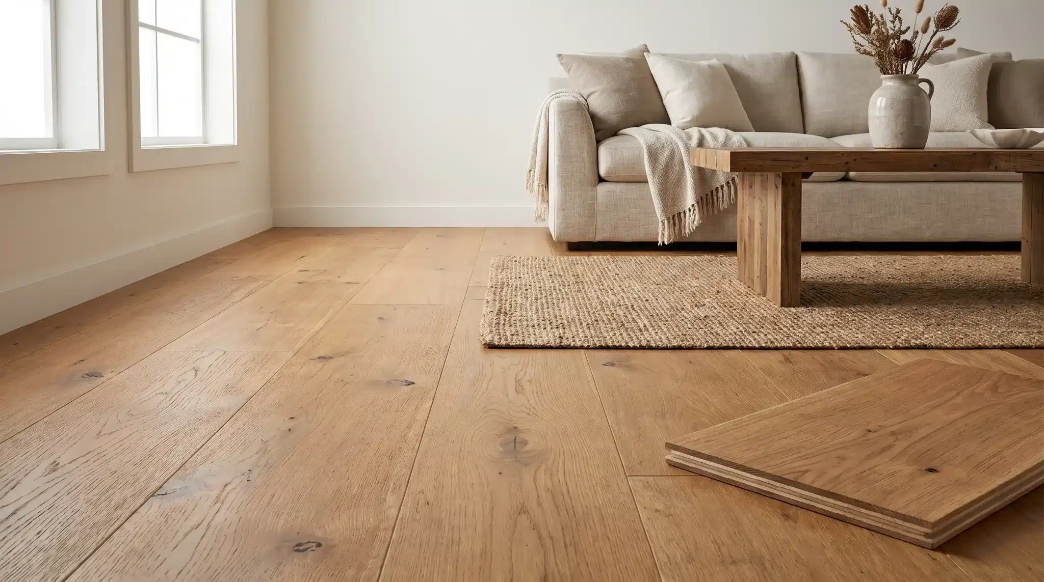 Modern living room featuring warm oak engineered hardwood flooring with natural wood grain.