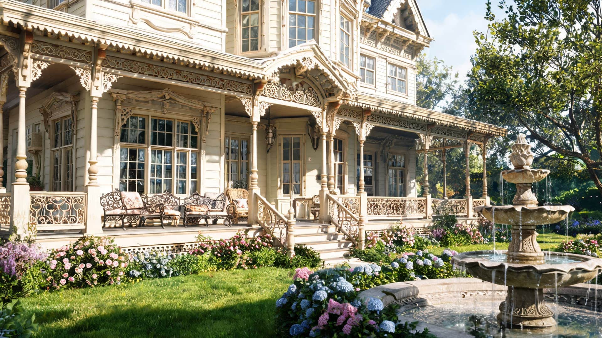 a large victorian house with ornate wooden trim a wide porch and a fountain surrounded by colorful flowers