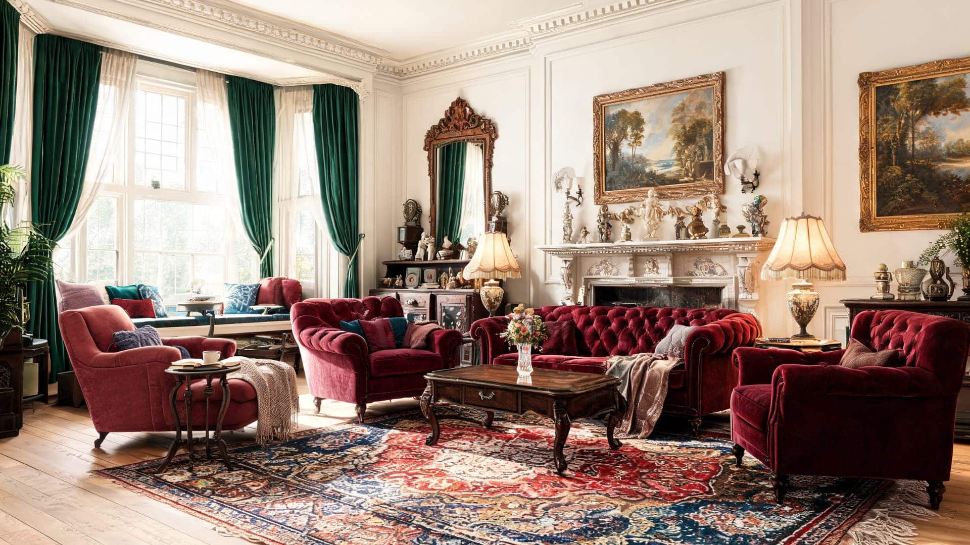 a large victorian living room with deep red velvet sofas green curtains and ornate rugs and chandeliers