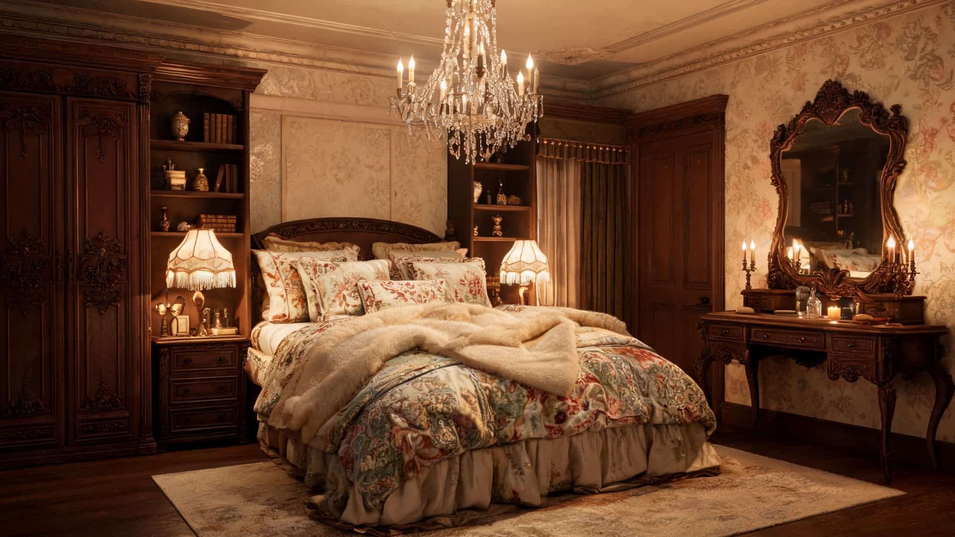 a victorian bedroom with ornate wooden furniture rich patterned bedding and a crystal chandelier