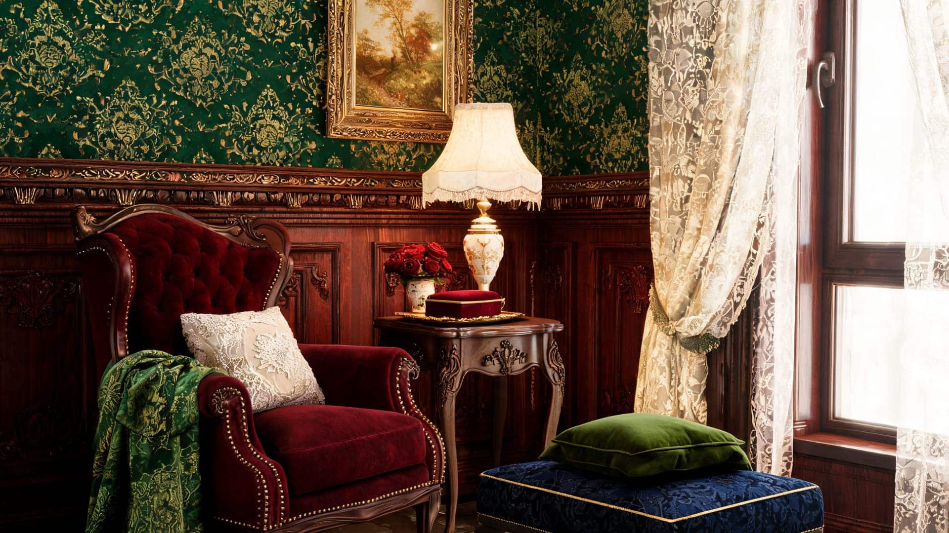 a victorian living room corner with a red velvet armchair green patterned wallpaper lace curtains and ornate wooden details