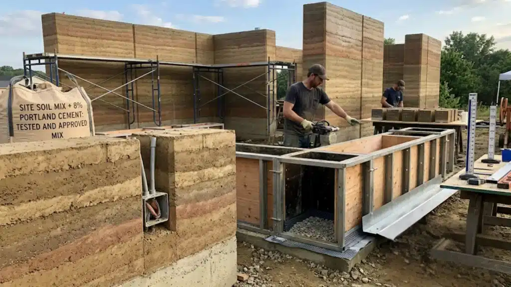 active rammed earth construction site featuring formwork, a completed section with electrical conduit, and a moisture protection sign