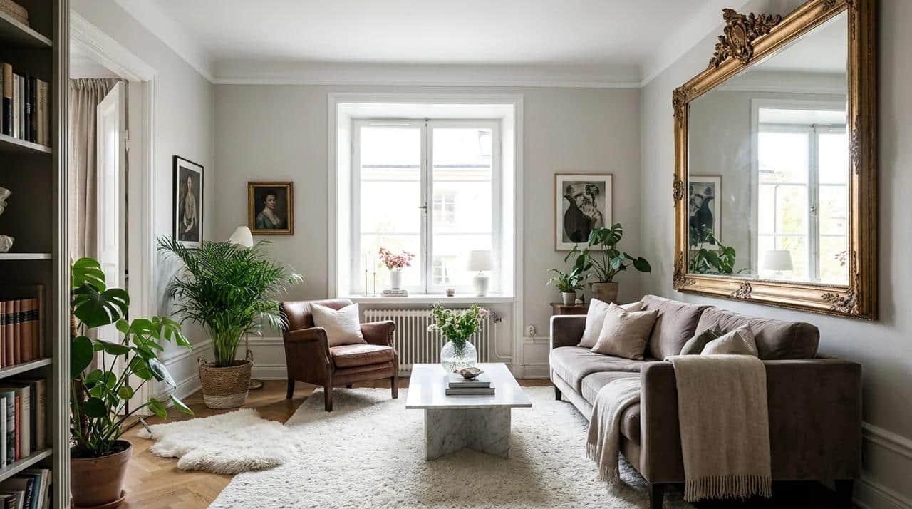 Decorative mirror reflecting light and making a small room appear larger.