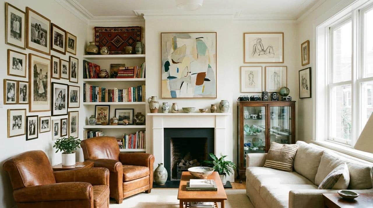 Personal home decor items displayed on shelves and tables.