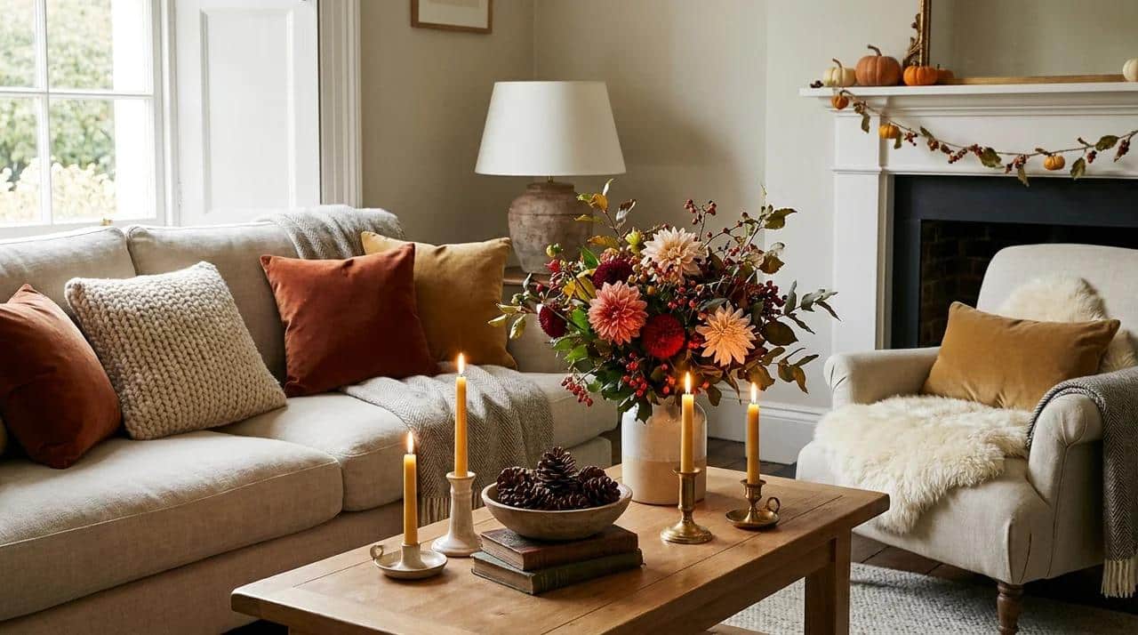 Seasonal home decor updates with cushions, flowers, and decorative accents.