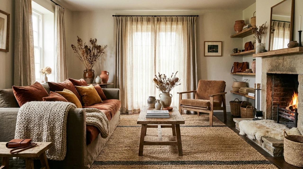 Living room with layered textures from rugs, cushions, and natural materials.
