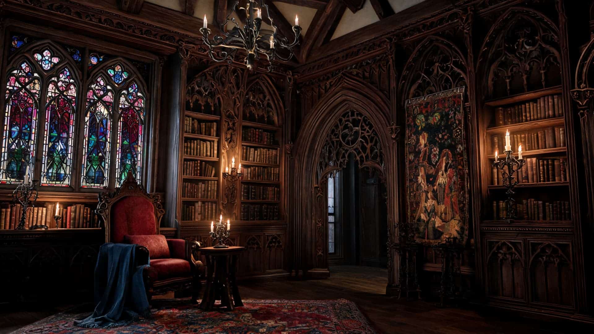 an elegant victorian library with dark carved wood furniture red velvet chairs and a stained glass window with candlelight illuminating the room