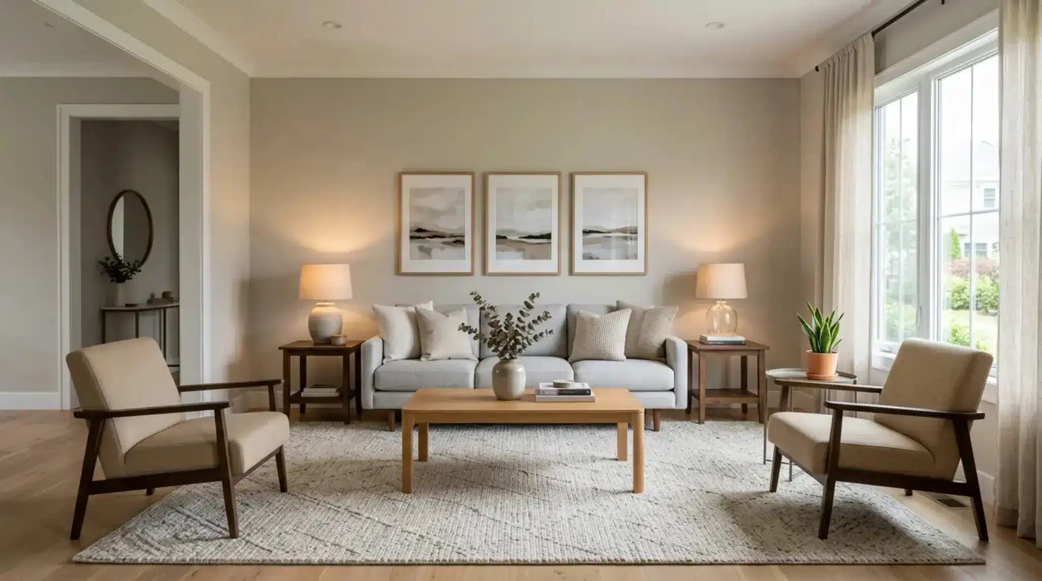 balanced living room seating sofa centered between matching chairs coffee table rug lamps and wall art