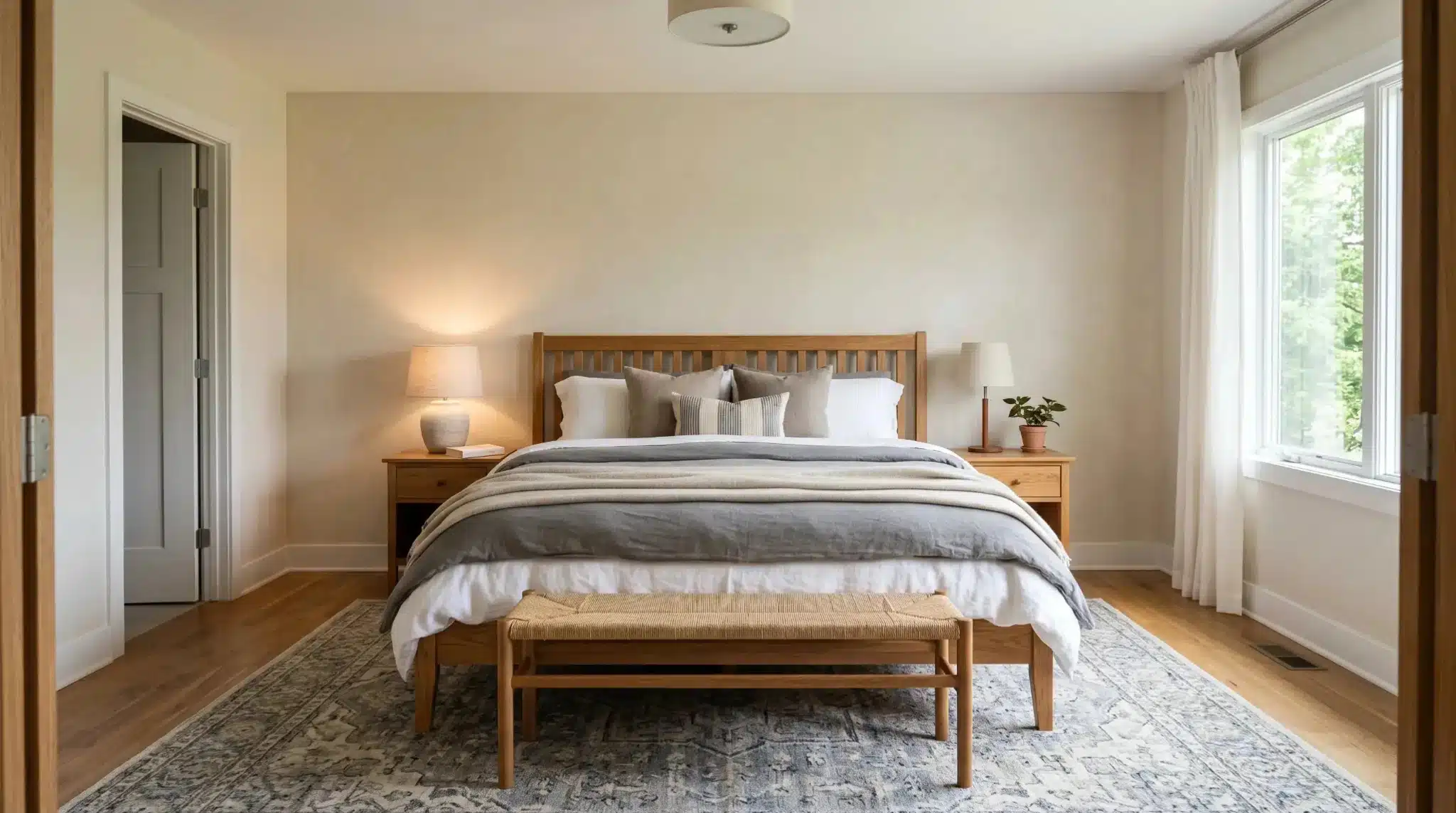 bedroom bed focus bed centered between matching nightstands with bench rug and layered bedding and lamps (2)