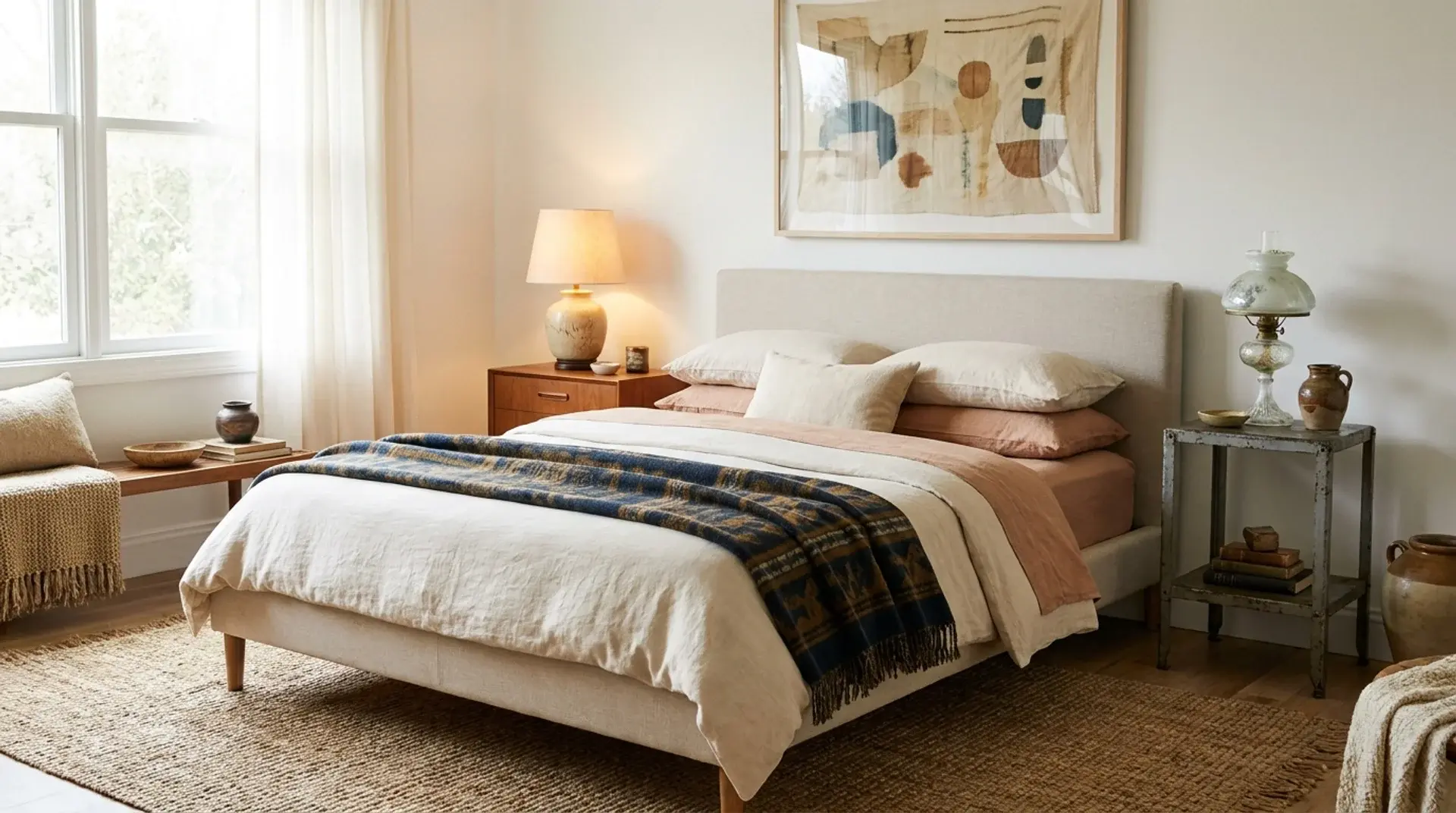 Eclectic bedroom with neutral bedding, mixed nightstands, artwork, and layered textures