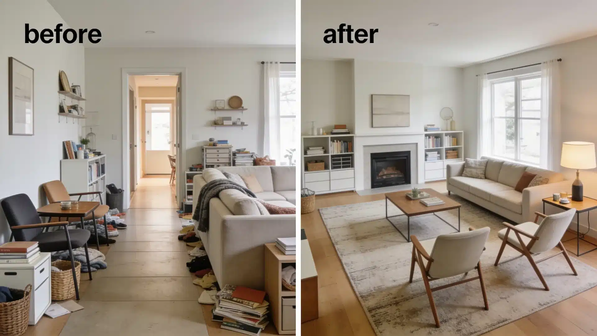 before and after living room layout showing cluttered furniture and clear seating arrangement with sofa, chairs and fireplace