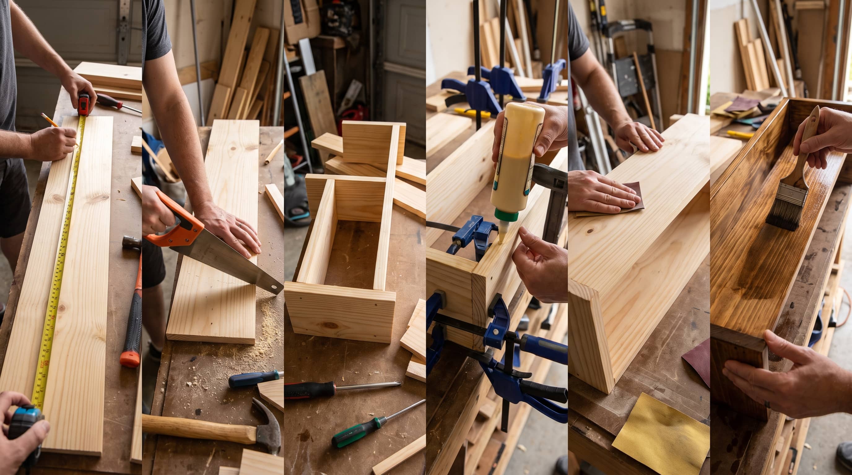 Beginner woodworking project showing measuring, cutting, dry fitting, gluing, sanding, and finishing steps in a workshop.