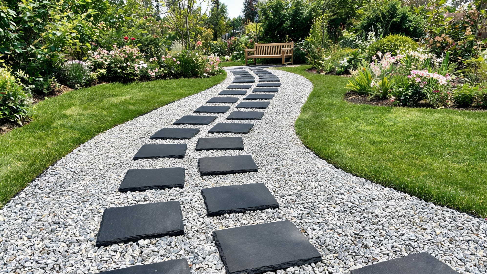 rock around pool ideas with black stepping stones white gravel path and green garden beds beside the pool area