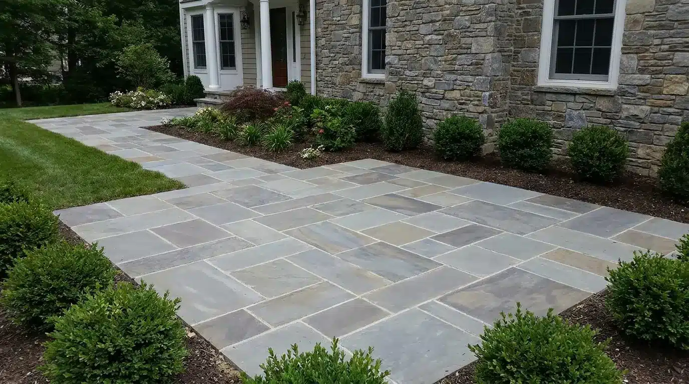 bluestone is a dense natural stone with blue grey tones that create a calm and balanced exterior look