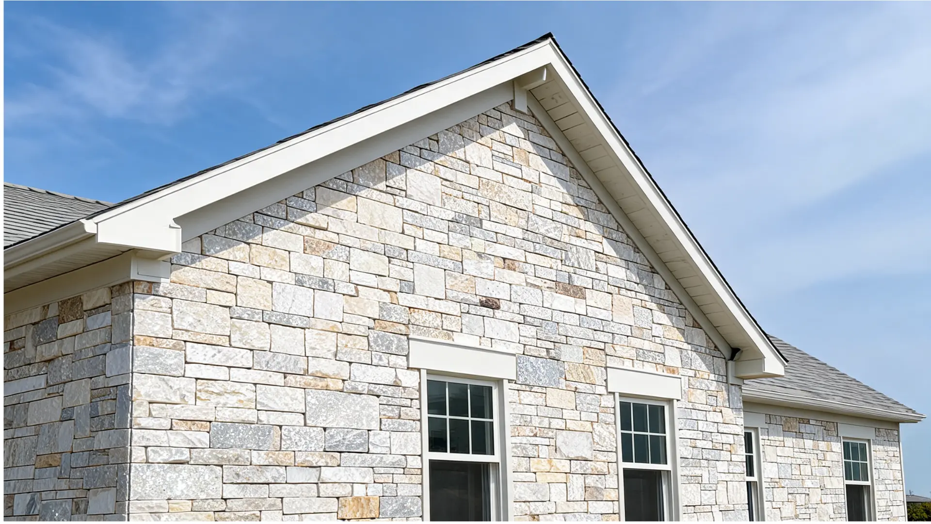 bright quartzite stone facade on a coastal style home