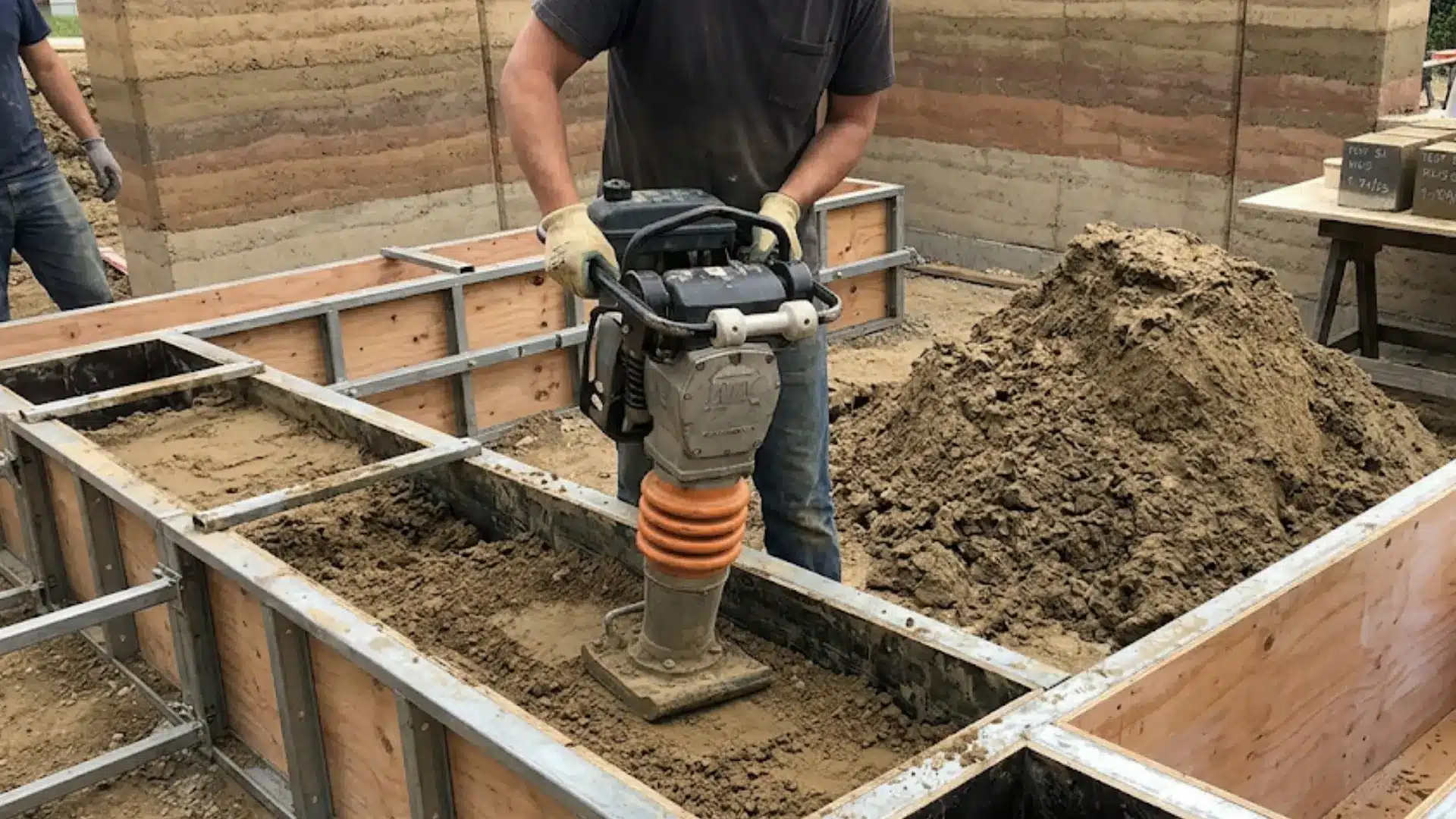 build process involves soil testing, setting up formwork, applying release agent, and compacting measured lifts until full density is reached
