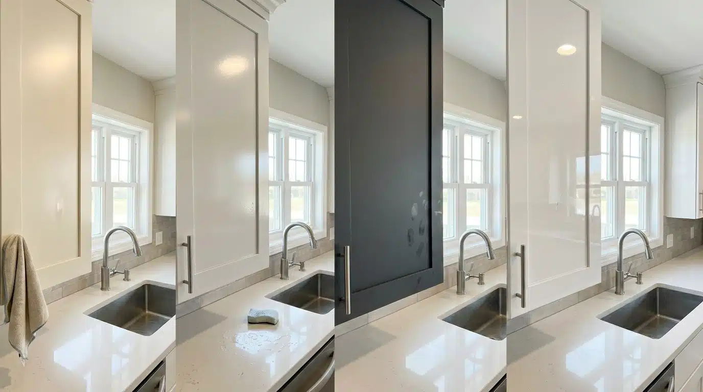 Cabinet doors displaying satin, semi-gloss, matte, and high-gloss paint finishes to compare different levels of sheen and durability.