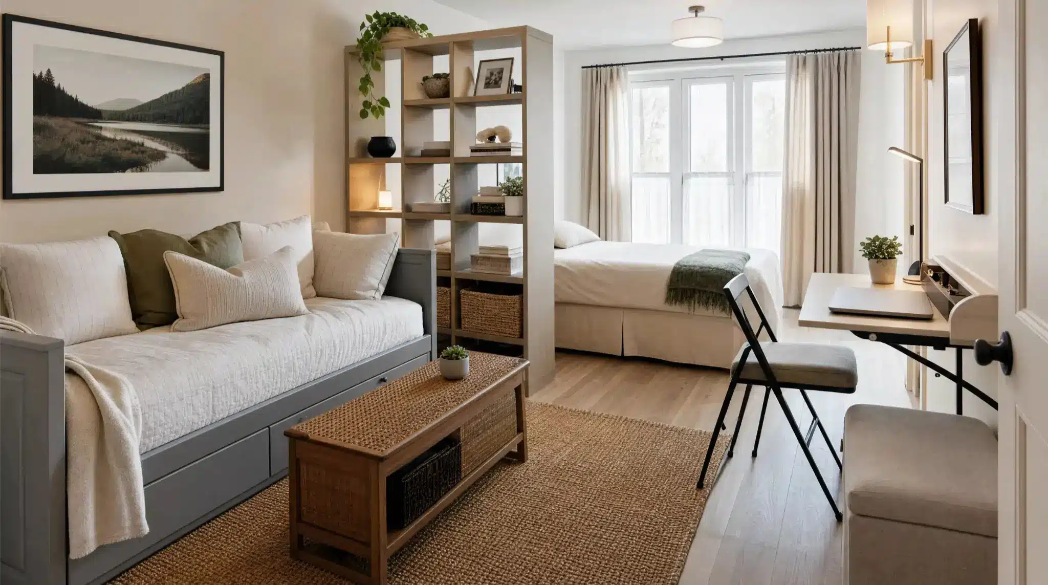 cflexible multi use room studio layout with daybed workspace open shelving storage bench and bed