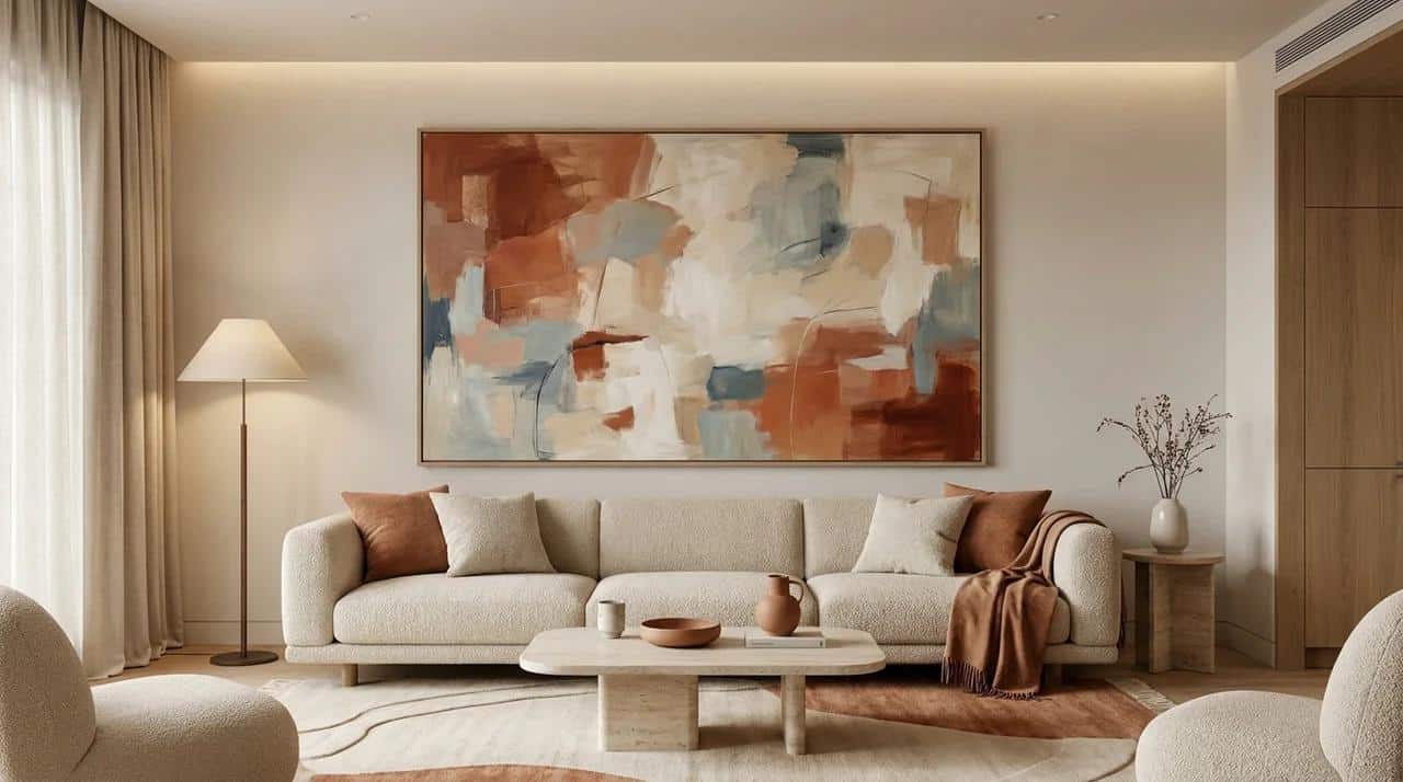 Large artwork displayed above furniture in a decorated living room.