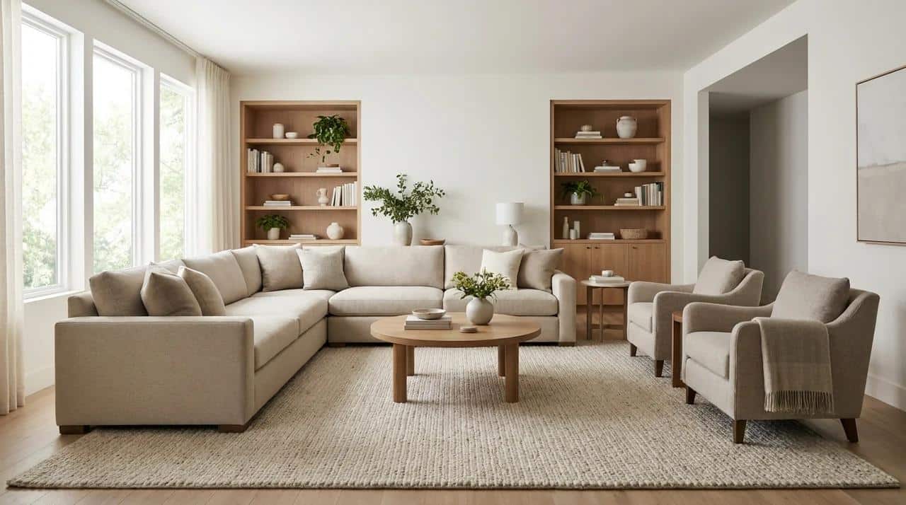 Properly scaled furniture pieces creating a balanced room layout.