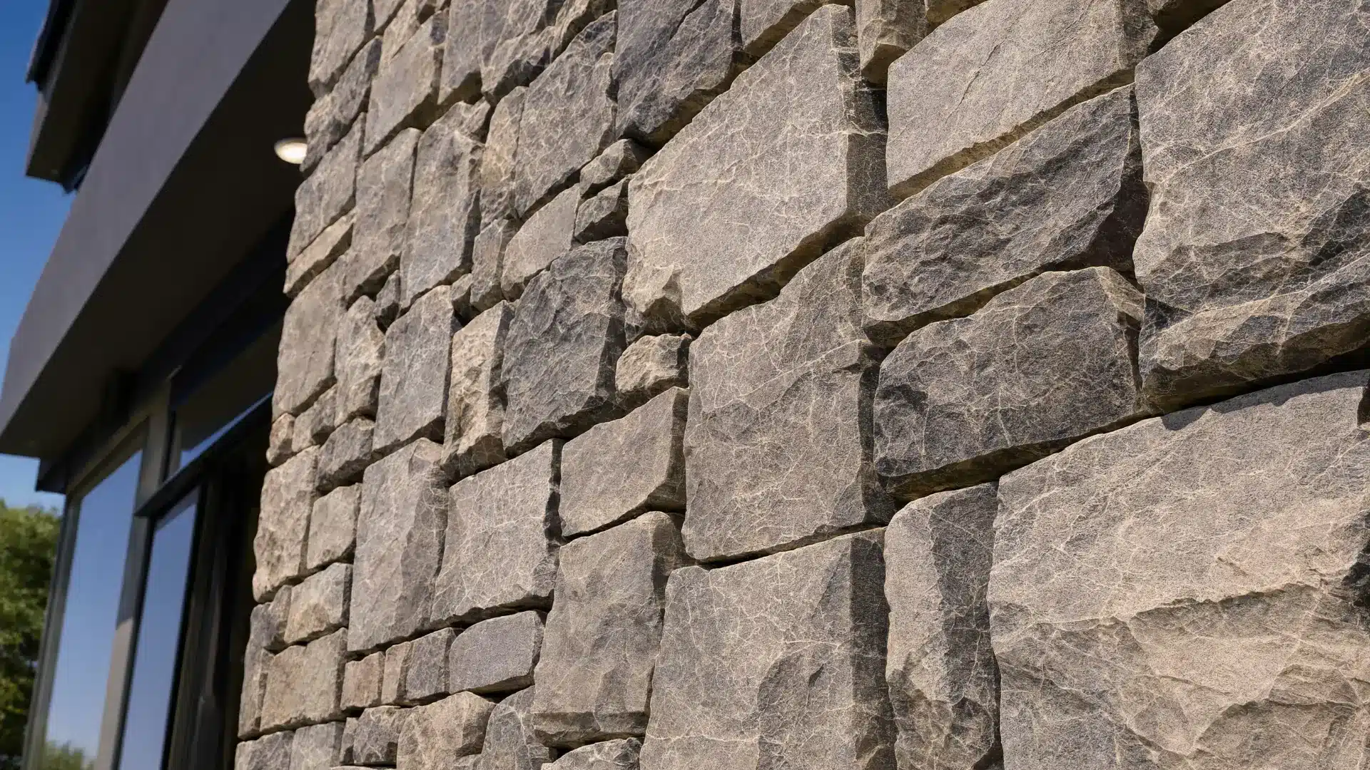 close up dramatic exterior wall made of split faced stone rough deep texture sharp shadows modern architecture accent wall strong contrast lighting