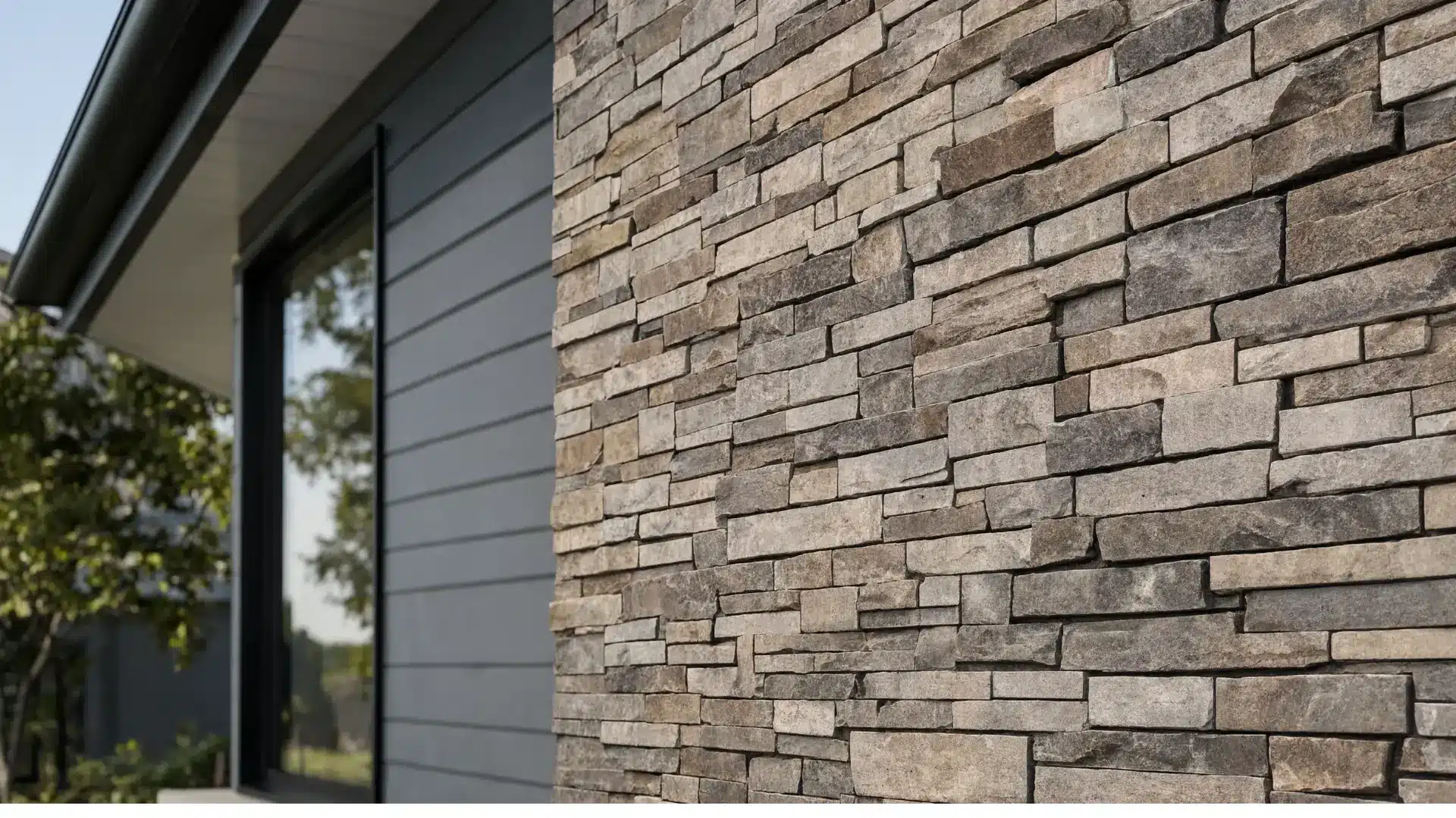 close up exterior wall made of faux stone siding panels synthetic stone texture lightweight panel system realistic imitation stone modern residential exterior detail