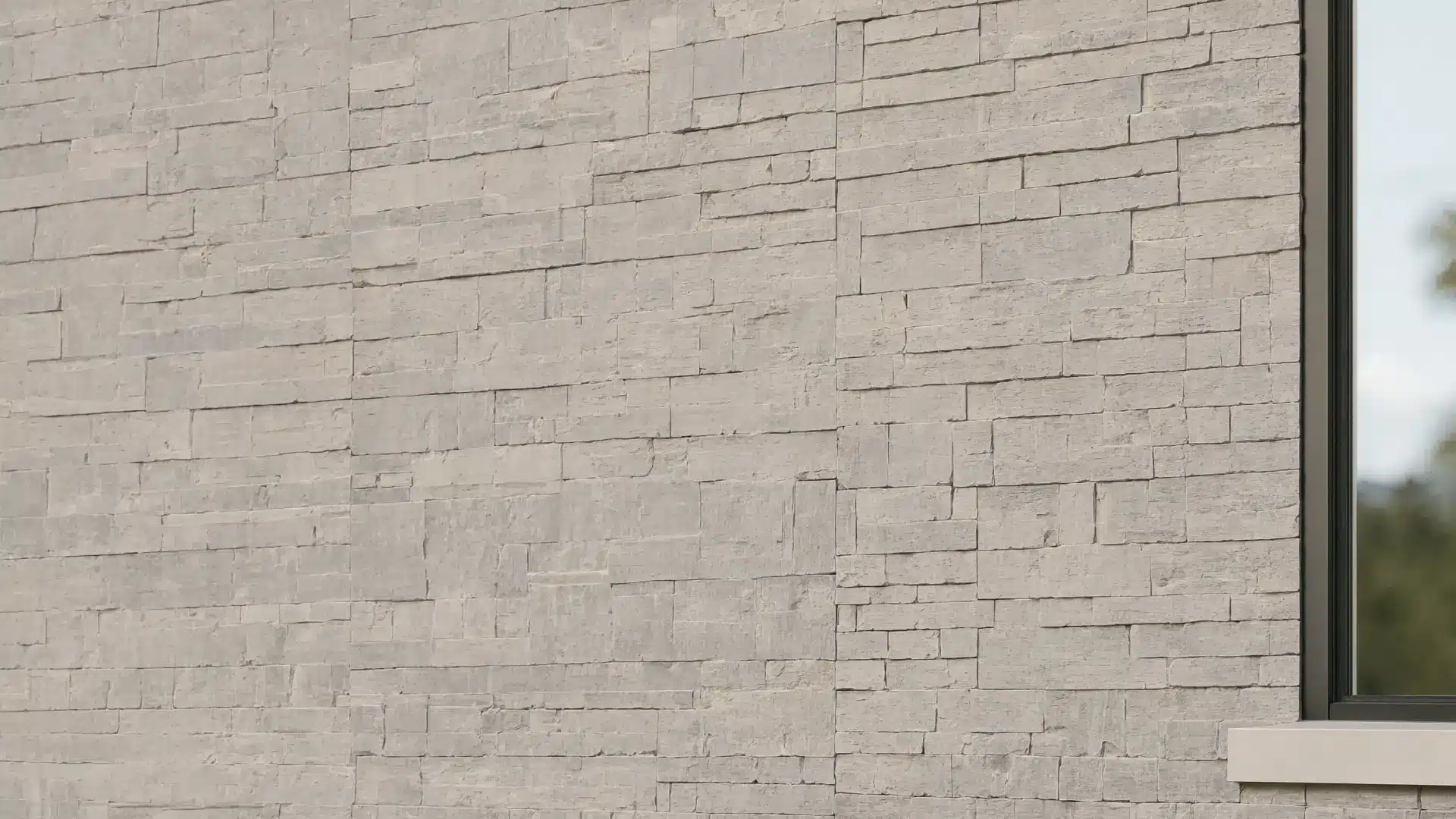close up exterior wall made of manufactured stone veneer uniform stone pattern cement based texture consistent color modern affordable house facade clean lighting