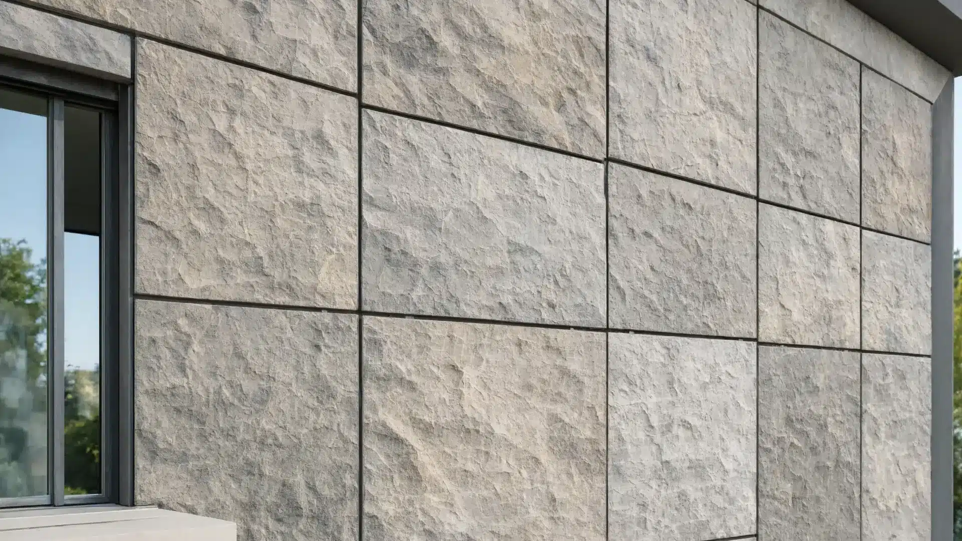 close up modern exterior wall made of stone cladding panels pre assembled uniform stone texture straight alignment contemporary building facade architectural detail