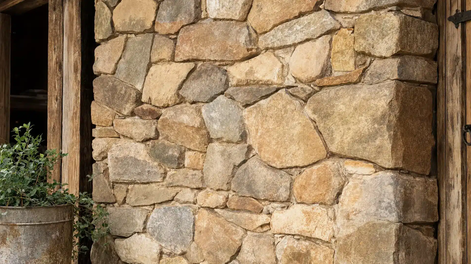 close up rustic exterior wall made of tumbled stone softened edges aged weathered look warm earthy tones farmhouse exterior natural worn texture