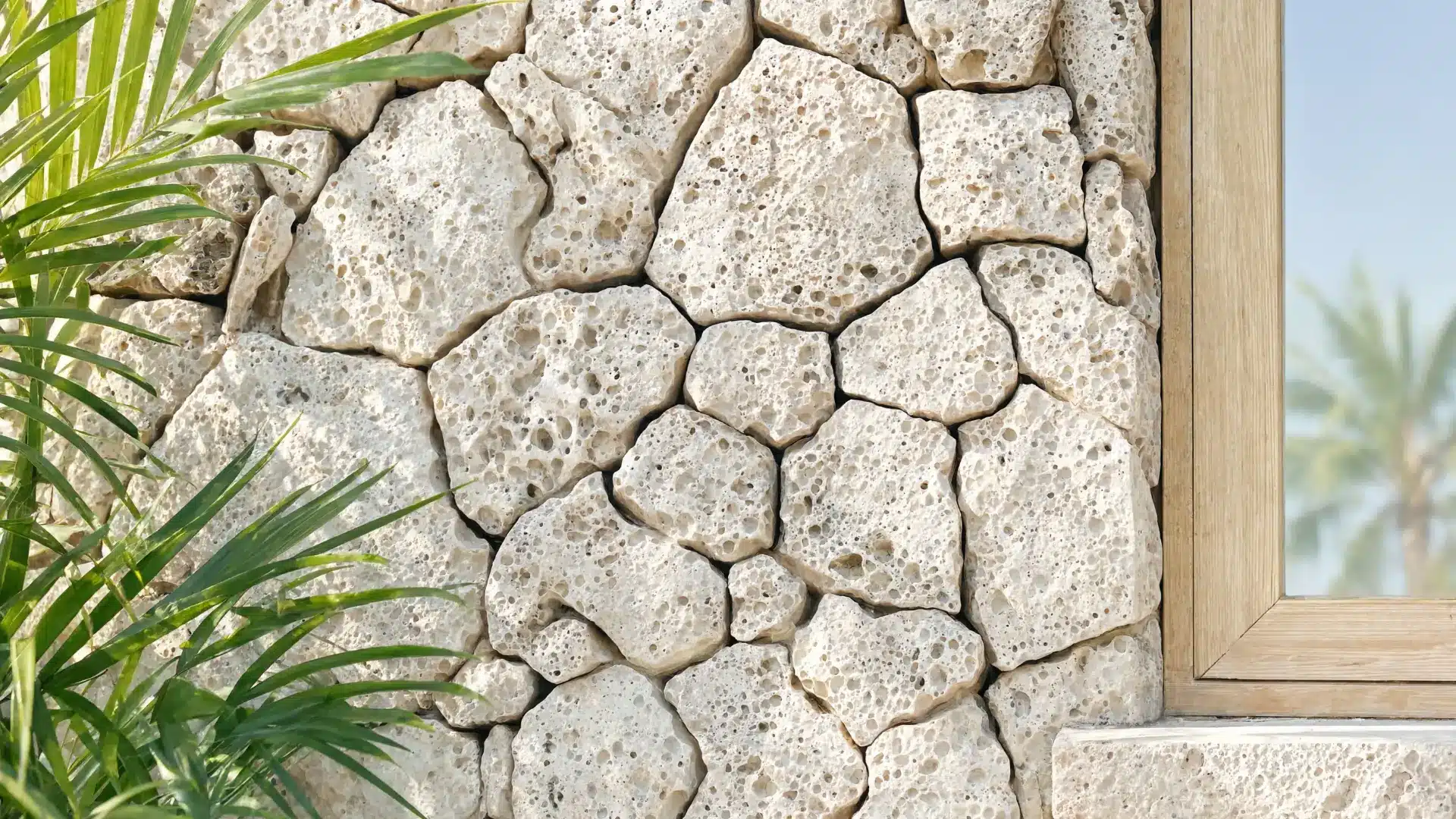 close up tropical exterior wall made of coral stone light porous limestone texture warm beige tones coastal home facade sunlight soft shadows natural finish