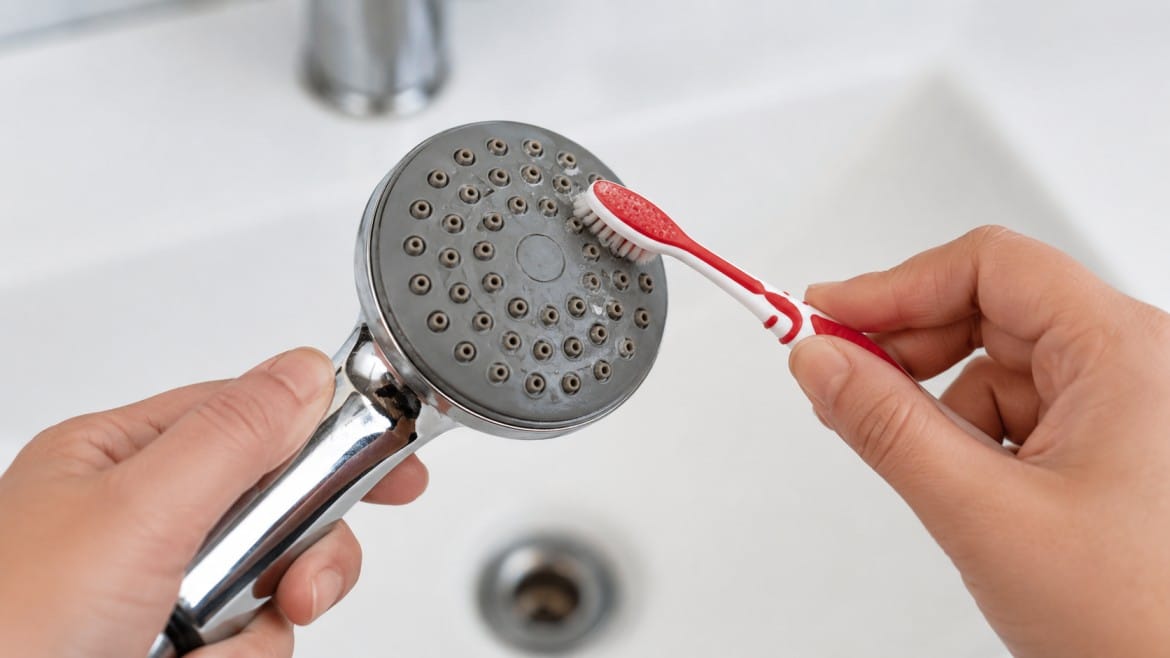 how to clean shower head by soaking a detached fixture in vinegar to loosen hard water buildup at home