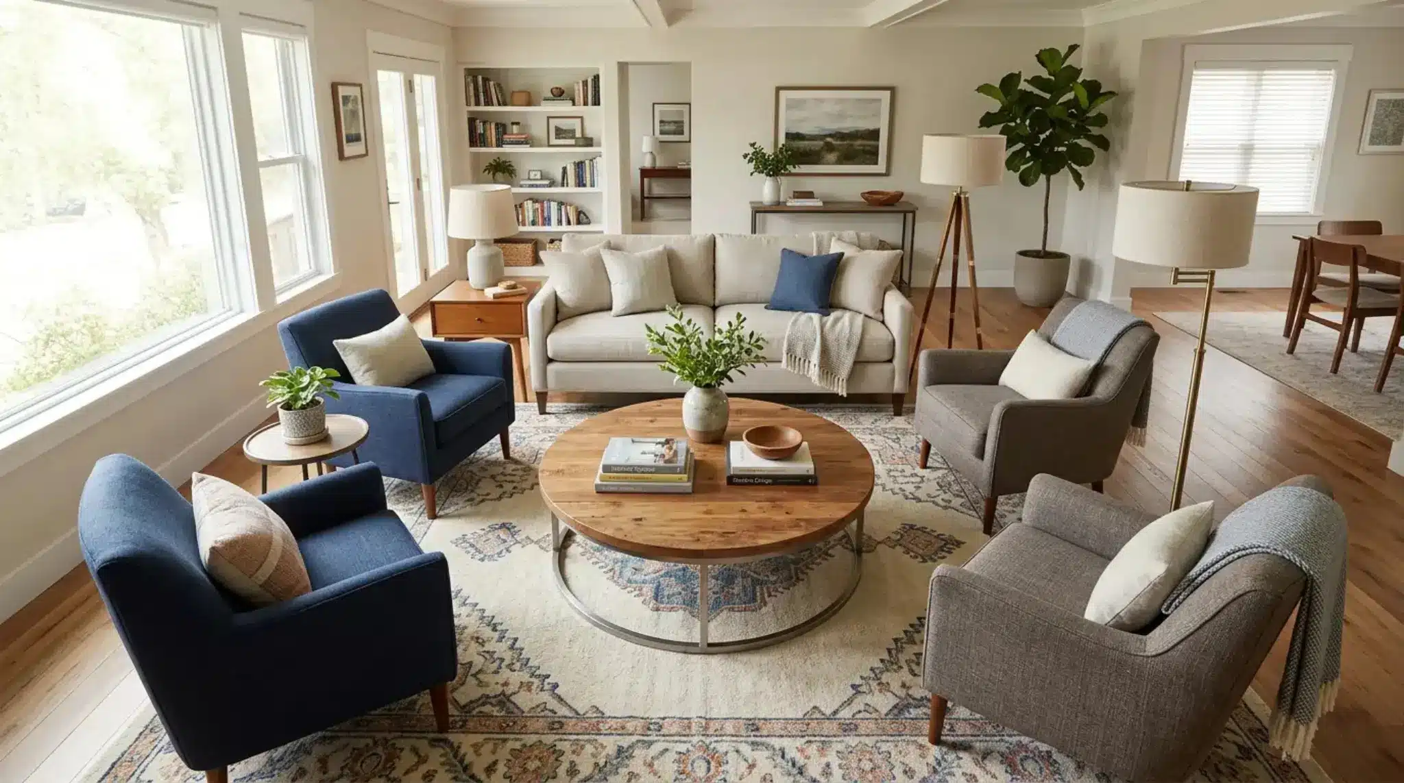 conversation living room layout sofa and four chairs arranged around round coffee table with area rug