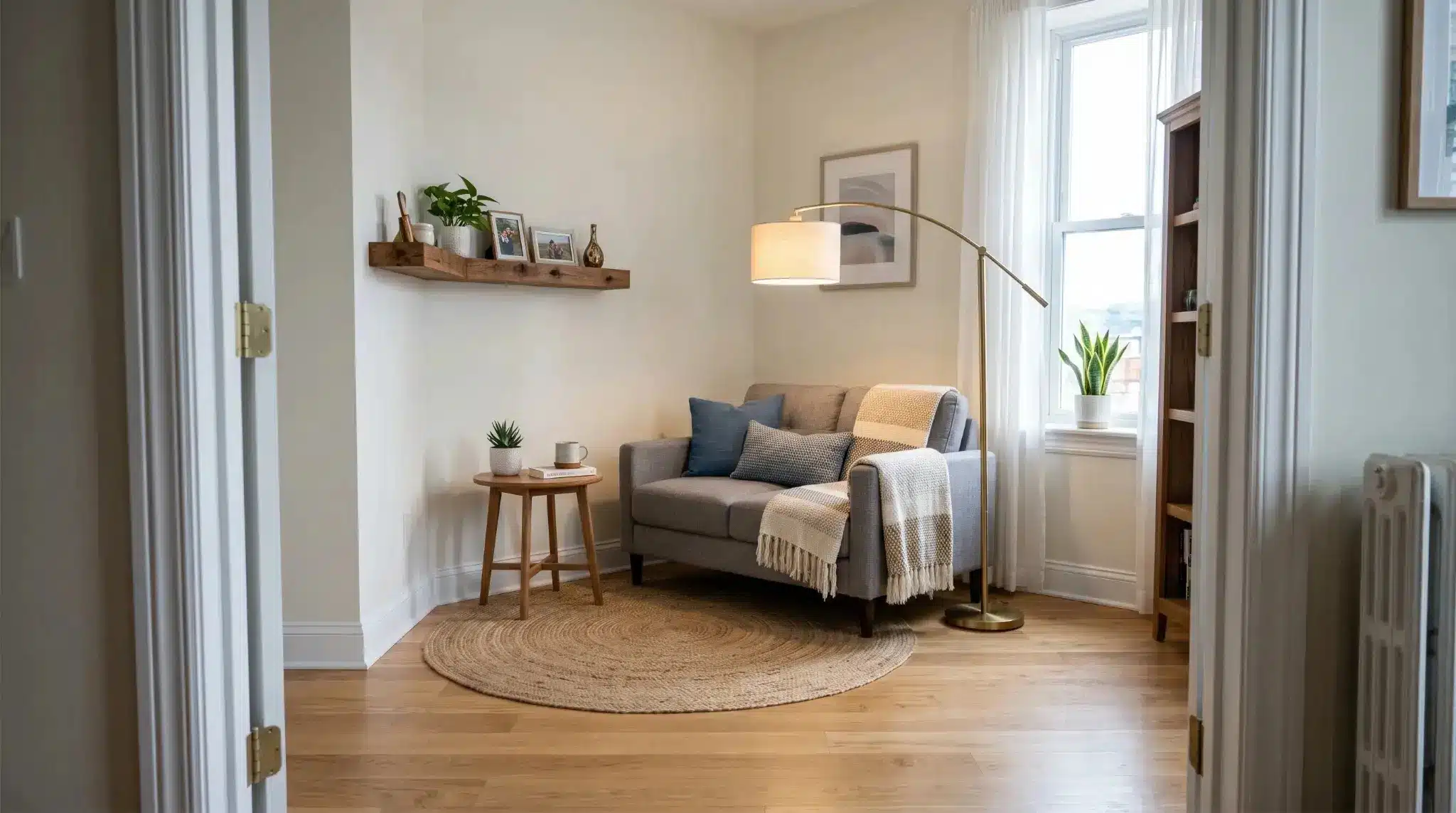 corner seating layout with accent chair side table floor lamp corner shelf and open floor space