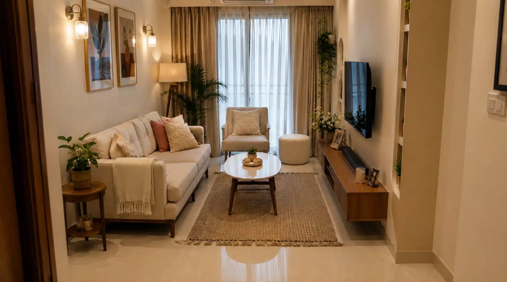cozy neutral living room with cream sofa woven rug wall mounted tv plants and warm clear lighting decor