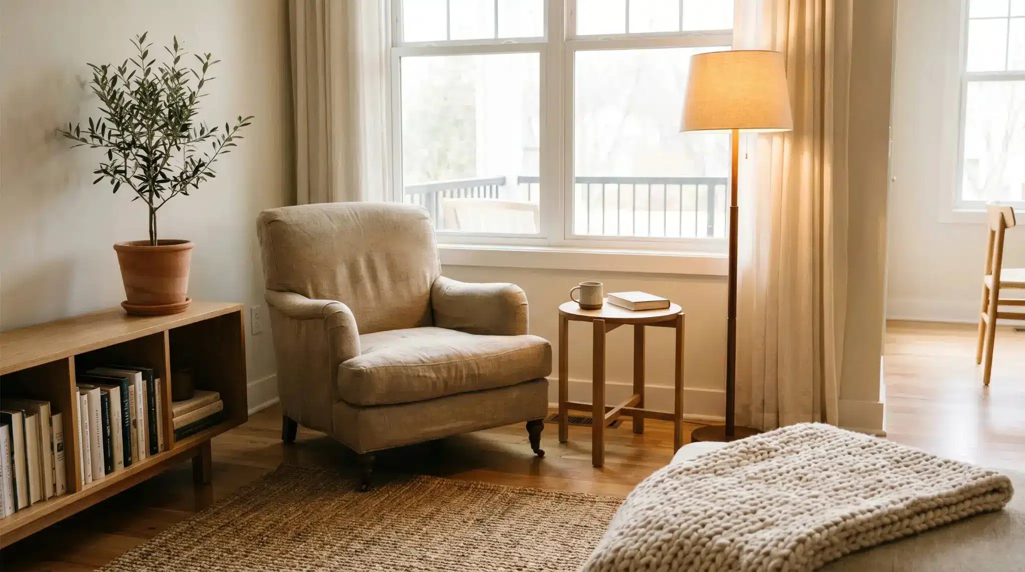 cozy reading corner comfortable armchair with floor lamp side table bookshelf and large window