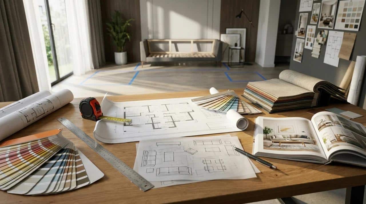 Home decorating plan with room measurements, furniture layout, and design notes.