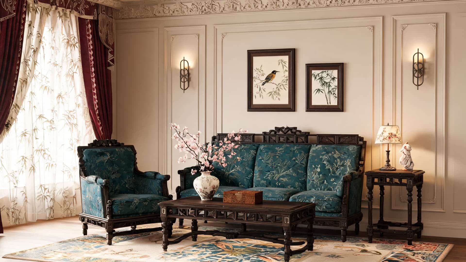 dark victorian living room with ornate wood furniture deep red upholstery and patterned rugs with soft natural light
