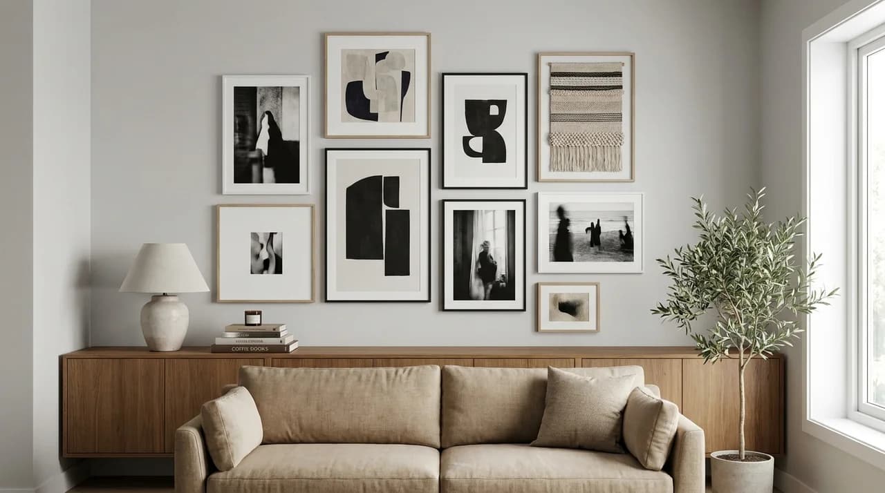 Wall decor arrangement with artwork and mirrors in a balanced layout.