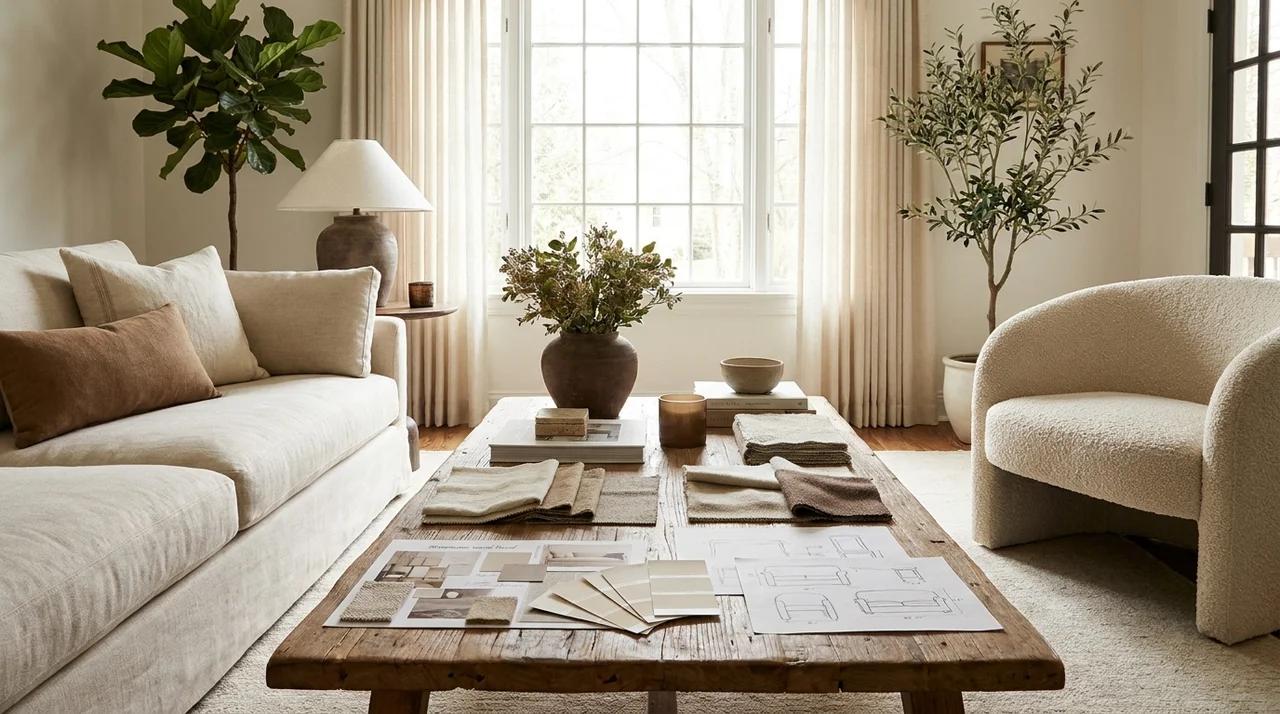 Living room design showing a cozy color palette and balanced decor choices.