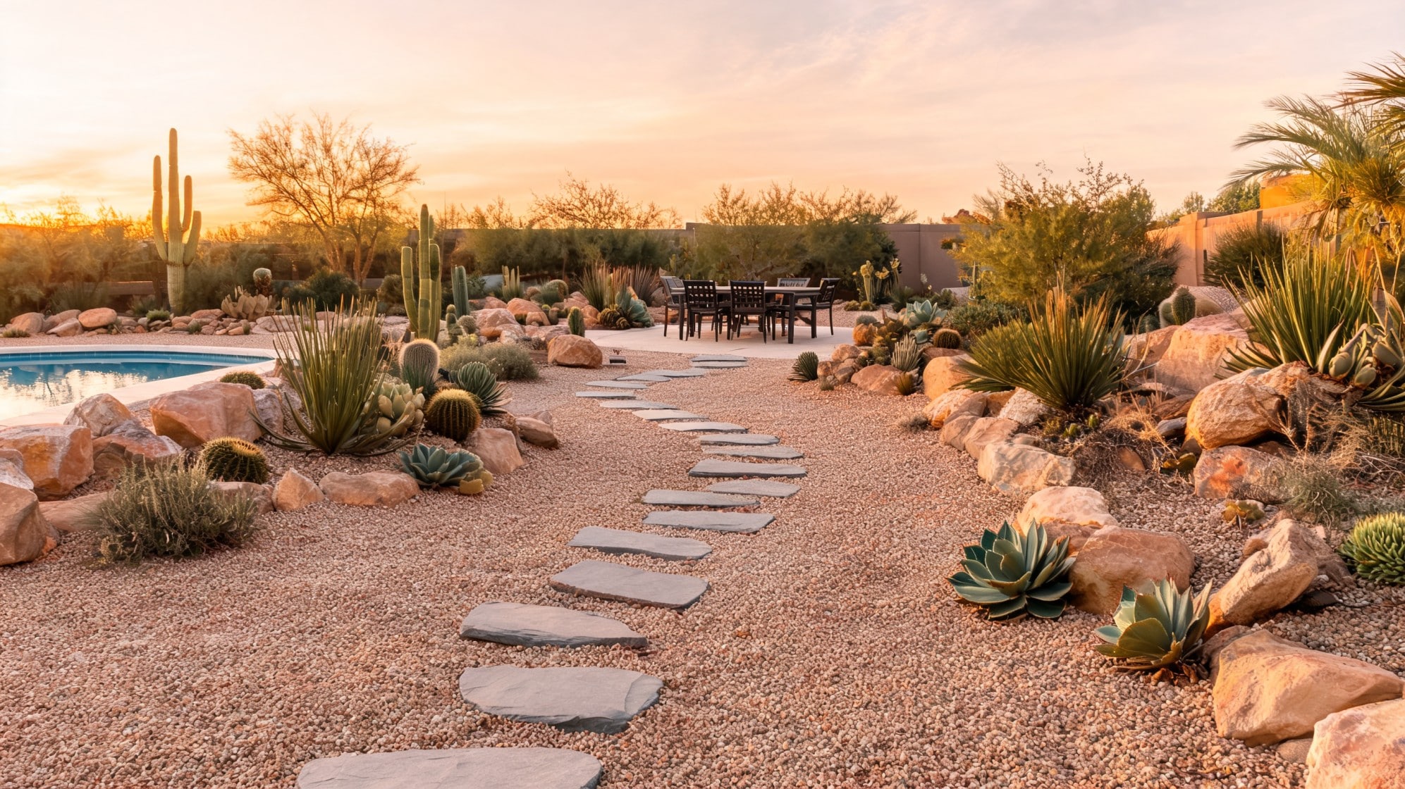 rock around pool ideas with desert stones succulents boulders and stepping path around a warm backyard pool
