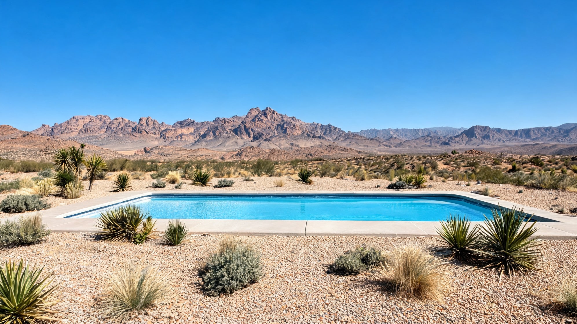 rock around pool ideas with desert gravel yucca plants and open mountain views around a simple pool setting