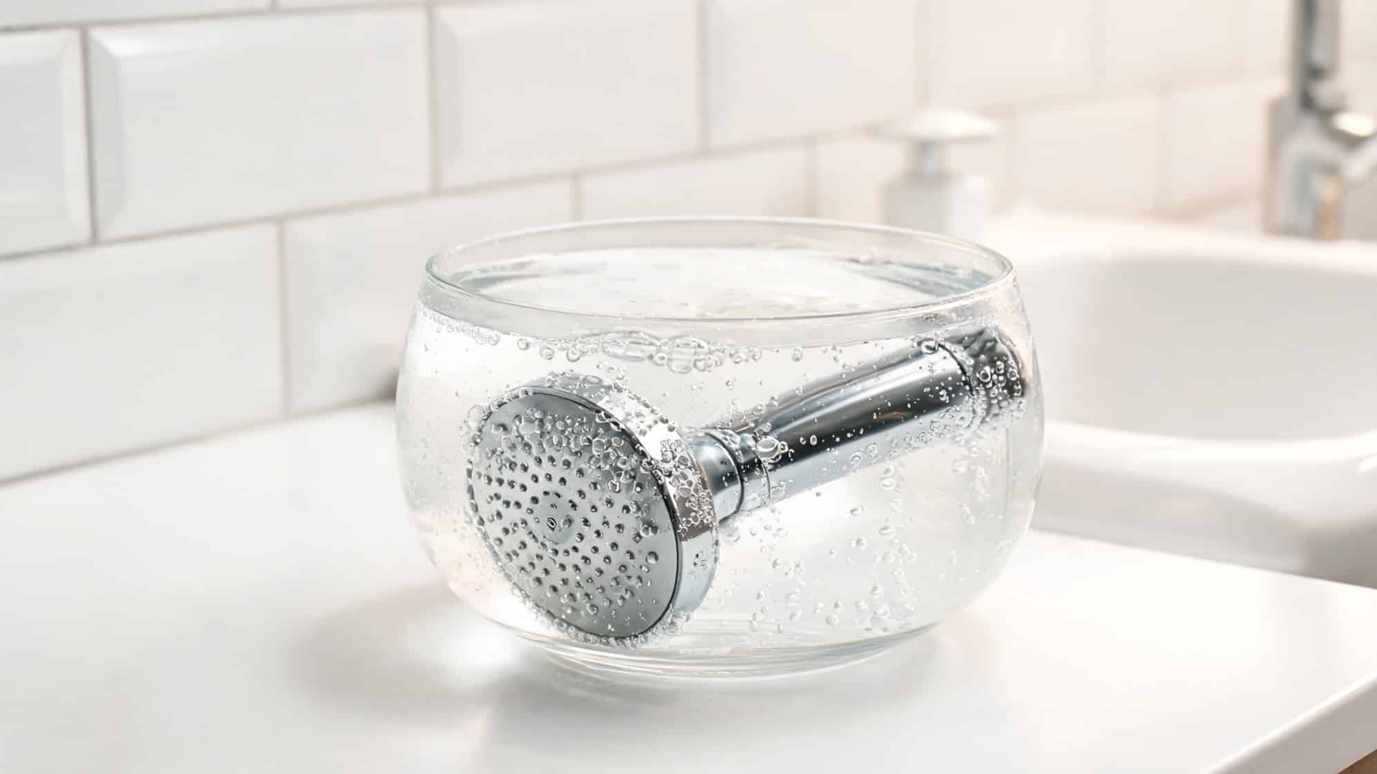 how to clean shower head by scrubbing clogged spray holes with a red toothbrush over a bathroom sink